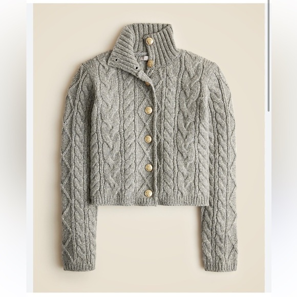 J Crew Cableknit gray turtleneck cardigan sweater Wool Alpaca blend S gem button - Picture 9 of 9
